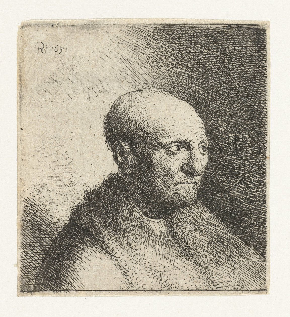 Uomo calvo in un mantello di pelliccia: busto da Rembrandt van Rijn