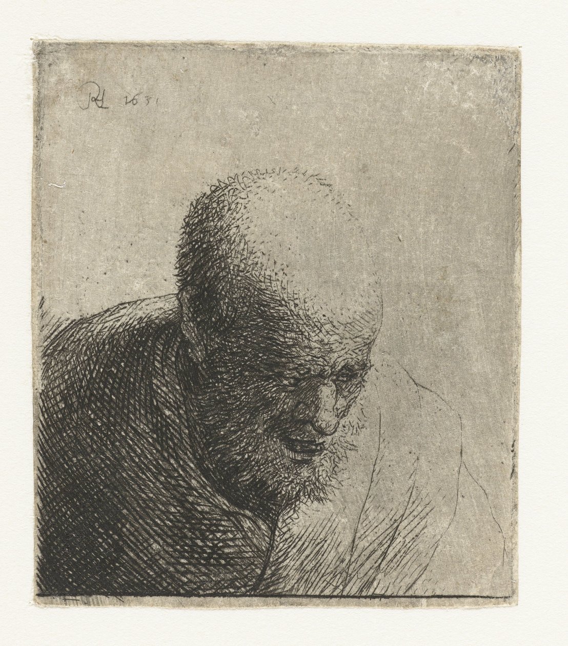 Uomo calvo con bocca aperta, guardando in basso: busto da Rembrandt van Rijn
