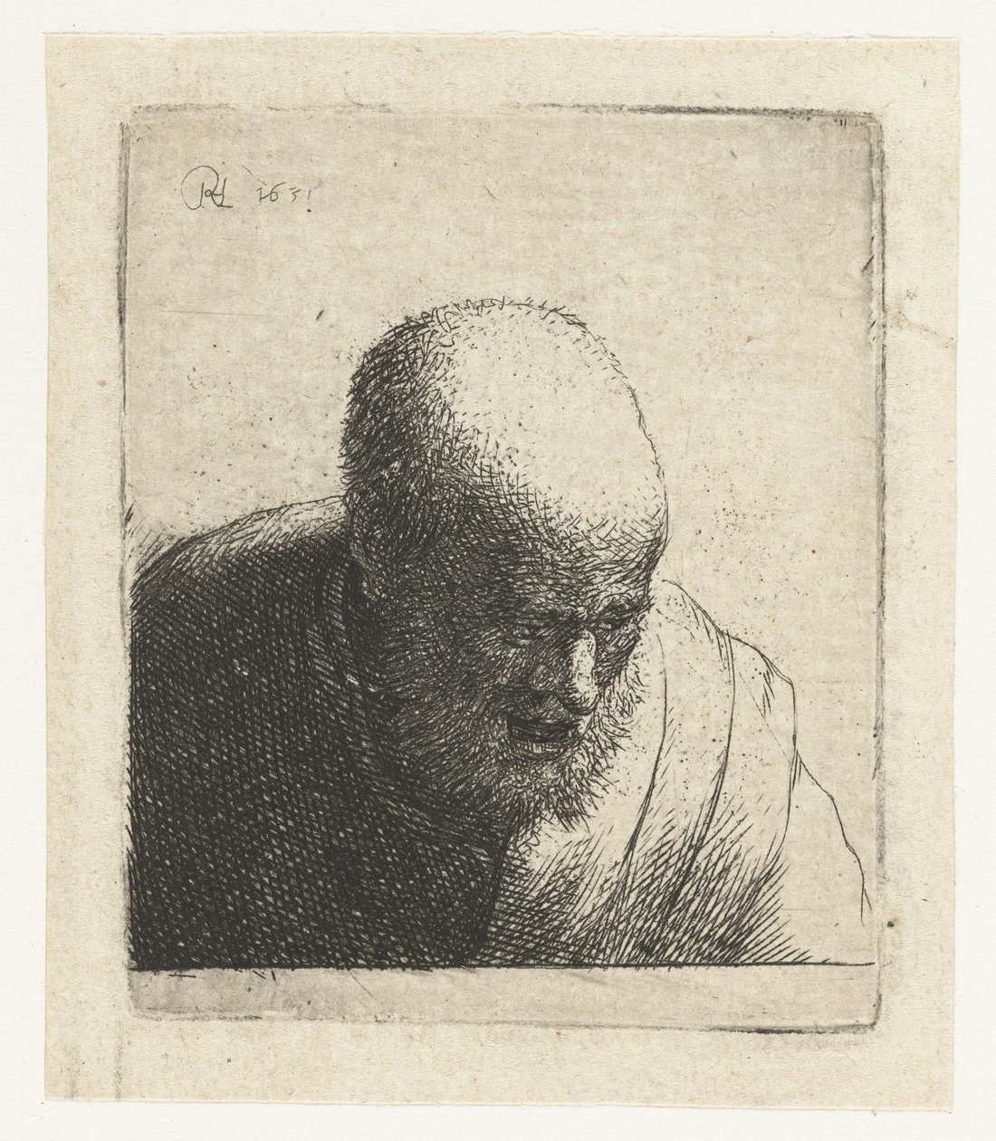 Uomo calvo con bocca aperta, che guarda in basso: busto da Rembrandt van Rijn