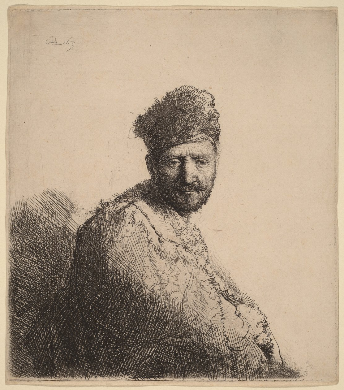 Uomo barbuto, con un copricapo orientale foderato di pelliccia e una tunica: il padre dell’artista da Rembrandt van Rijn