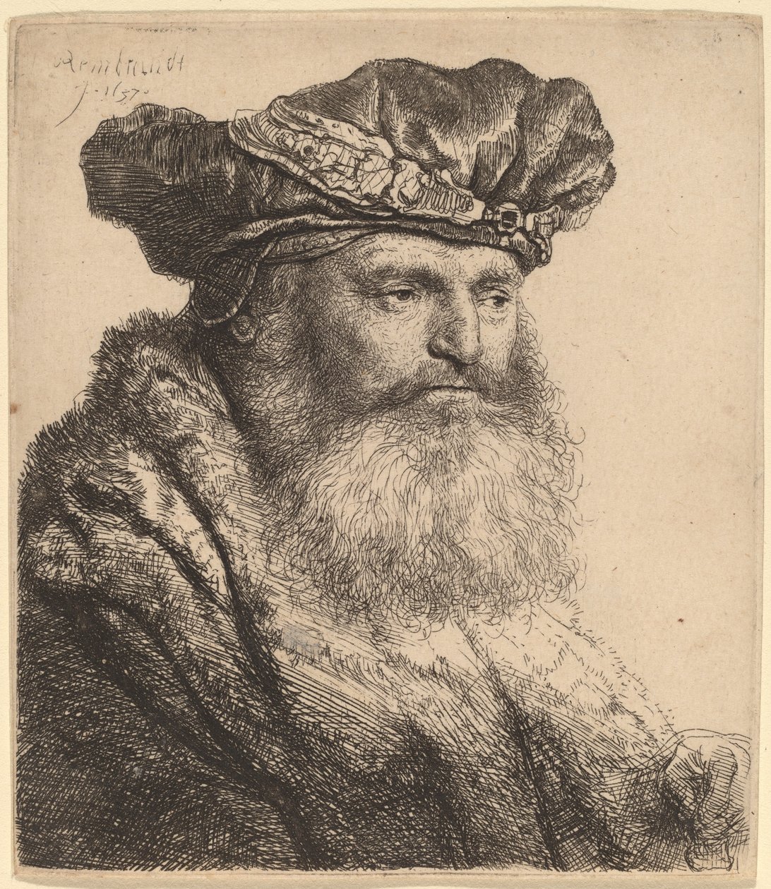 Uomo barbuto con berretto di velluto con fermaglio di gioiello da Rembrandt van Rijn