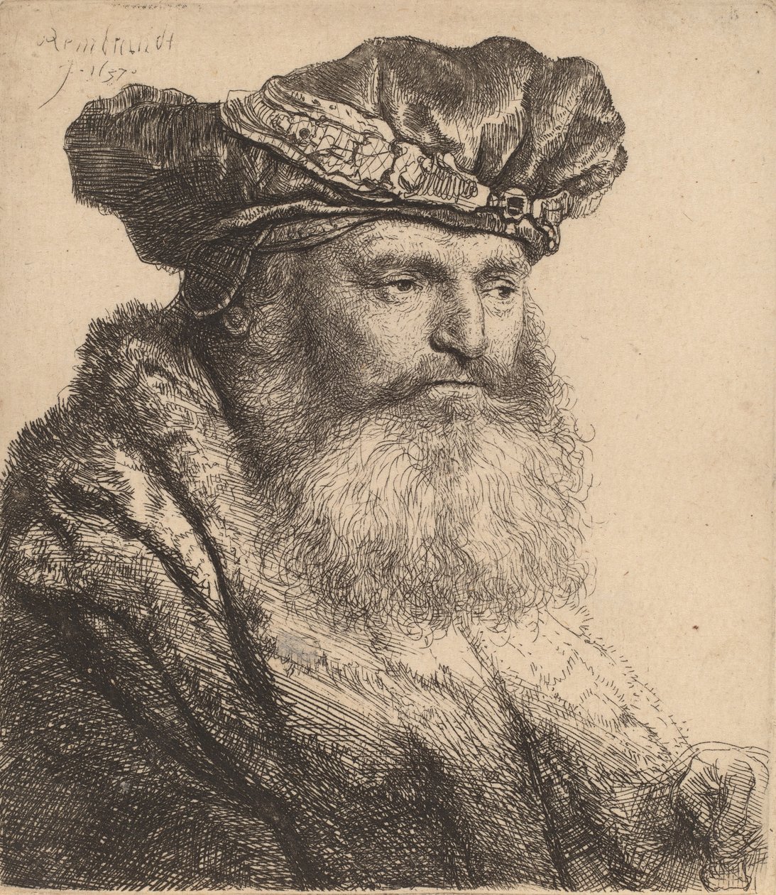 Uomo con Barba in un Berretto di Velluto con Fermaglio di Gioielli, 1637 da Rembrandt van Rijn