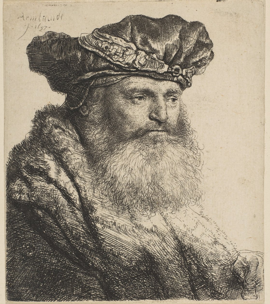 Uomo barbuto con cappello di velluto con fermaglio gioiello, 1637 da Rembrandt van Rijn