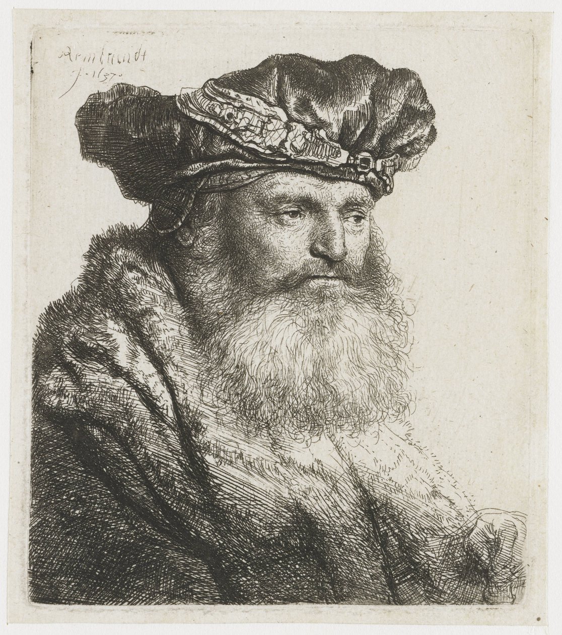 Uomo barbuto con cappello di velluto con fermaglio gioiello da Rembrandt van Rijn
