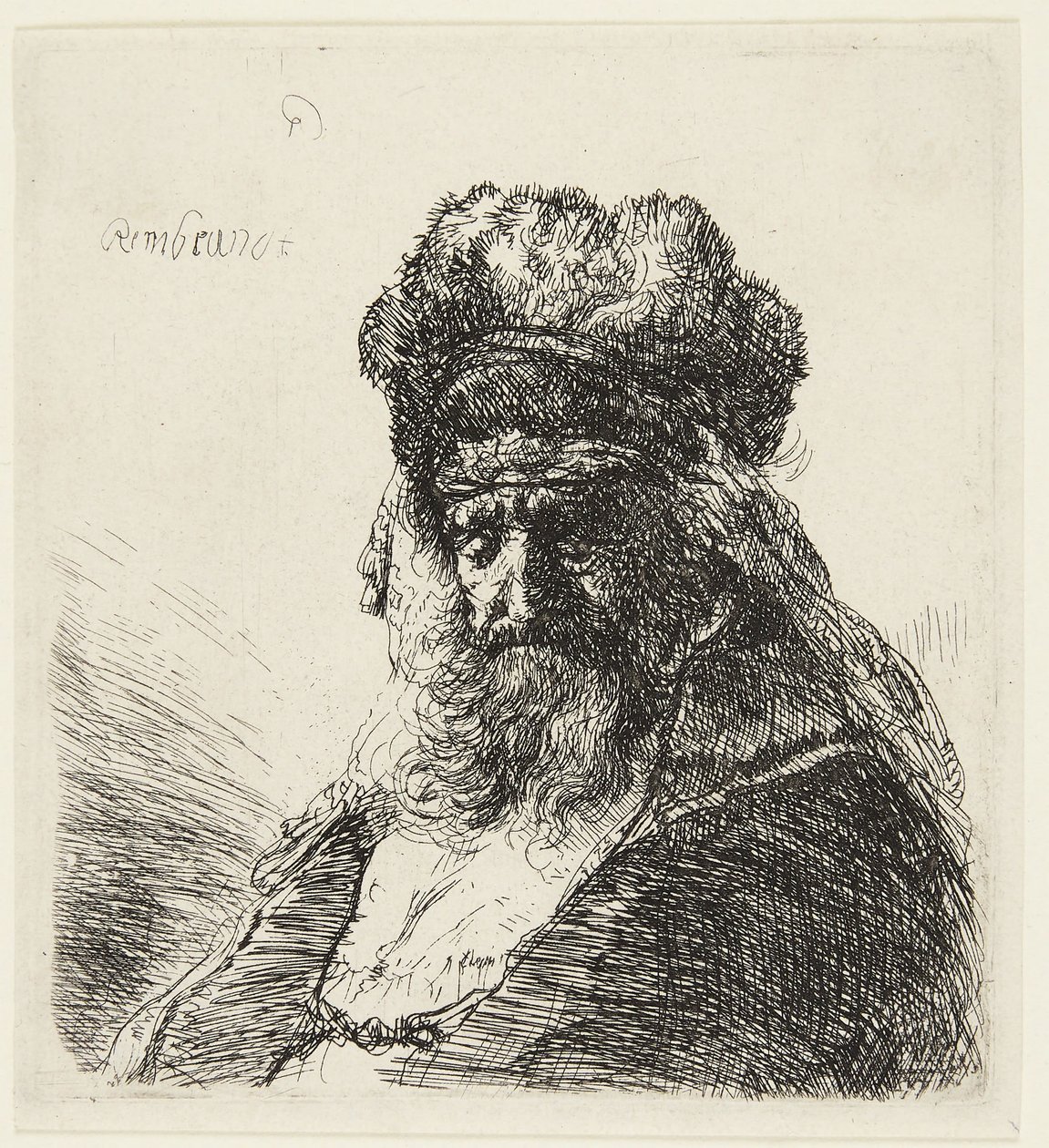 Vecchio barbuto con un berretto di pelliccia a tesa alta, con gli occhi chiusi da Rembrandt van Rijn