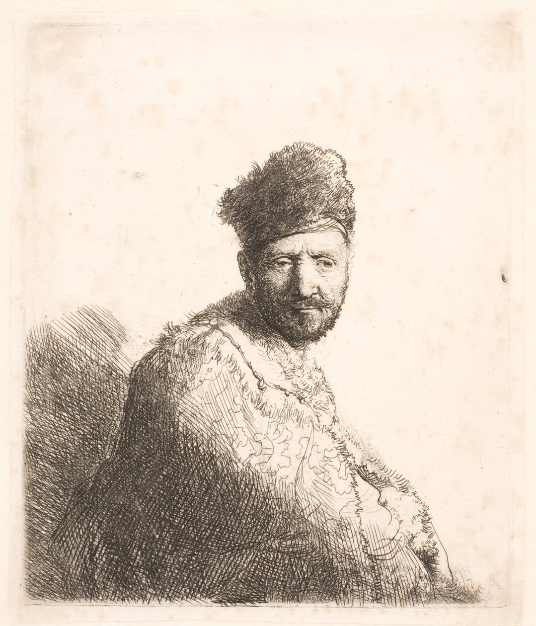Uomo barbuto (il padre di Rembrandt) con cappello orientale foderato di pelliccia e tunica: ritratto a mezzo busto da Rembrandt van Rijn