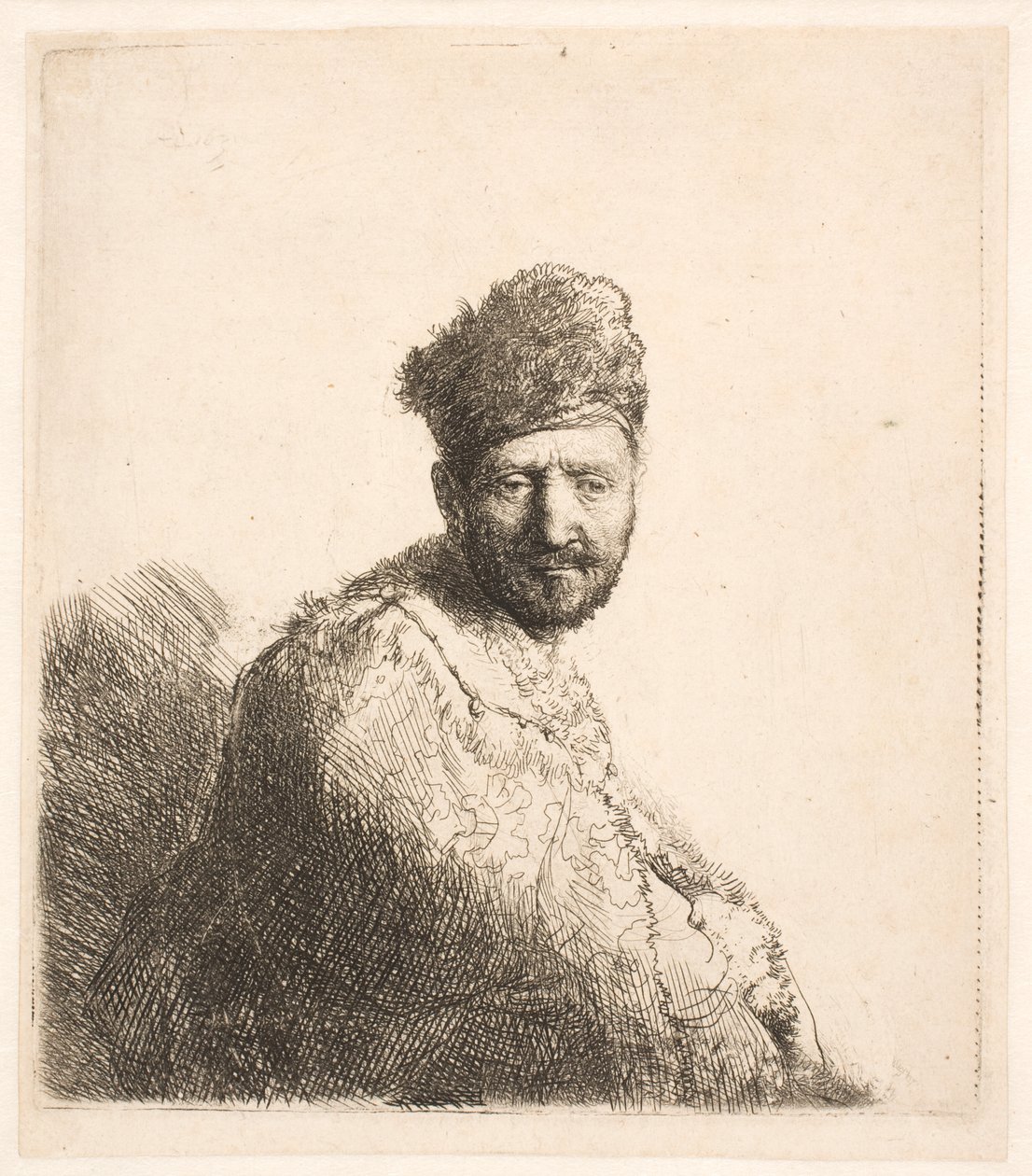 Uomo barbuto (il padre di Rembrandt) con cappello orientale foderato di pelliccia e tunica: ritratto a mezzo busto da Rembrandt van Rijn
