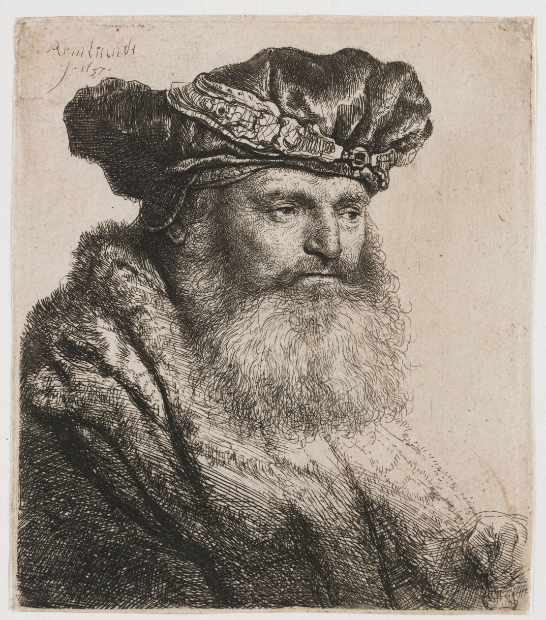 Uomo barbuto con berretto di velluto con fermaglio gioiello da Rembrandt van Rijn