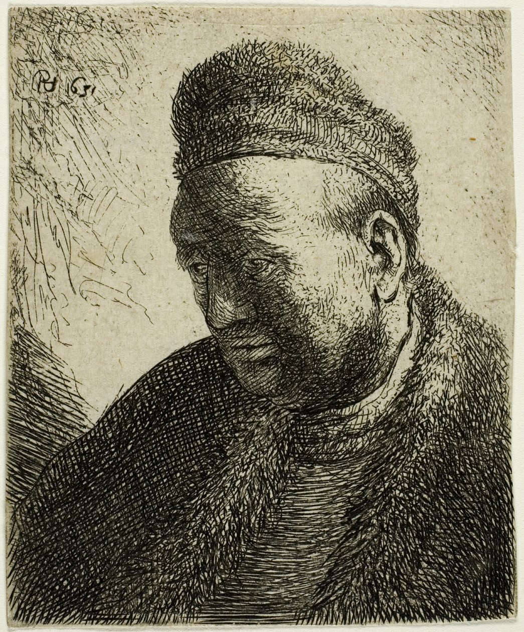 Uomo senza barba in mantello e cappello di pelliccia: busto da Rembrandt van Rijn