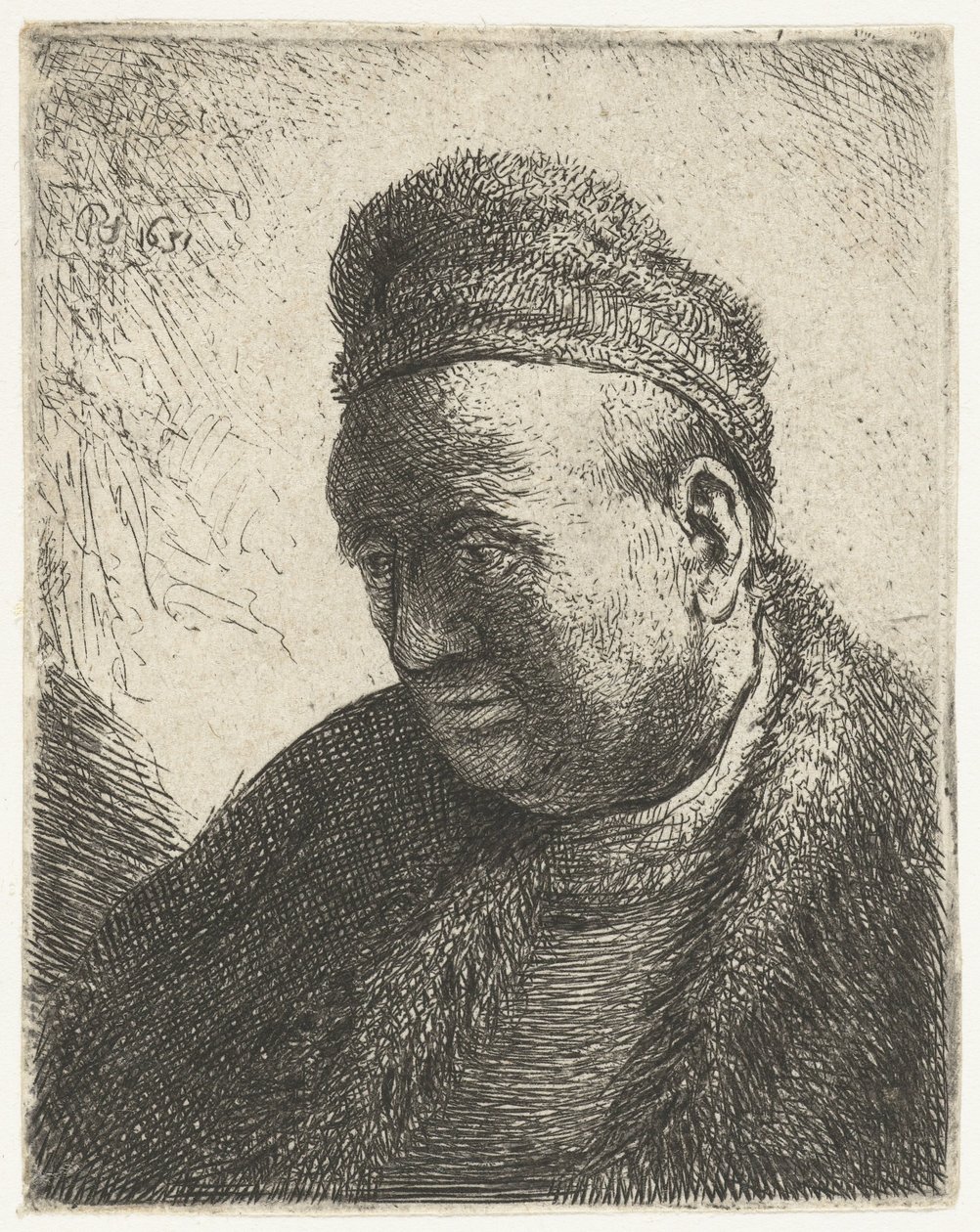 Uomo senza barba con mantello e cappello di pelliccia: busto da Rembrandt van Rijn
