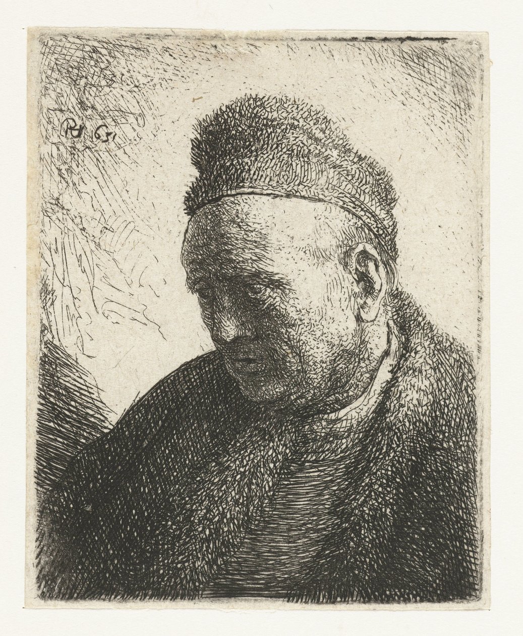 Uomo senza barba con mantello e cappello di pelliccia: busto da Rembrandt van Rijn