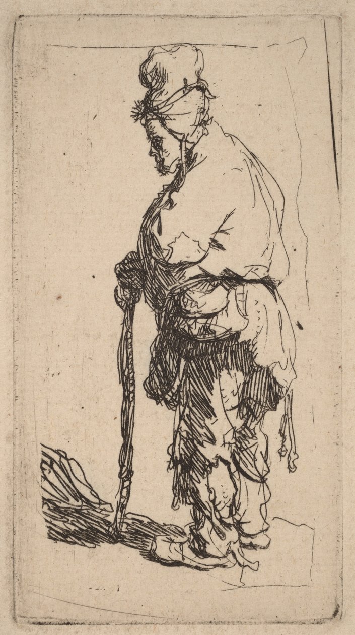 Mendicante appoggiato a un bastone, rivolto verso sinistra da Rembrandt van Rijn