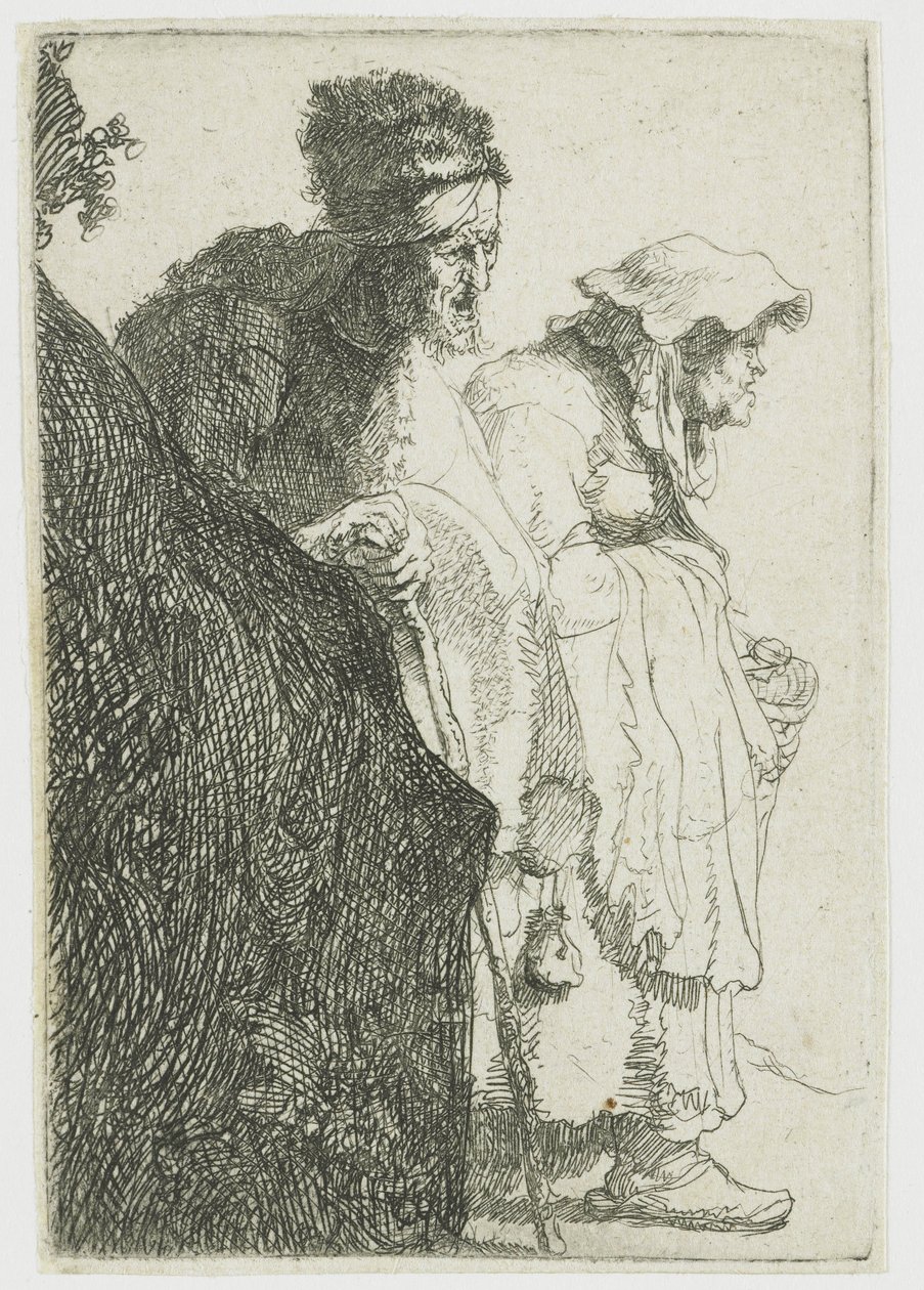 Mendicante uomo e donna dietro una banca da Rembrandt van Rijn
