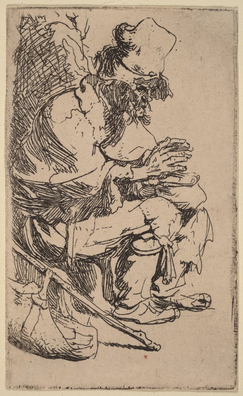 Mendicante seduto che si scalda le mani davanti a uno scaldavivande da Rembrandt van Rijn