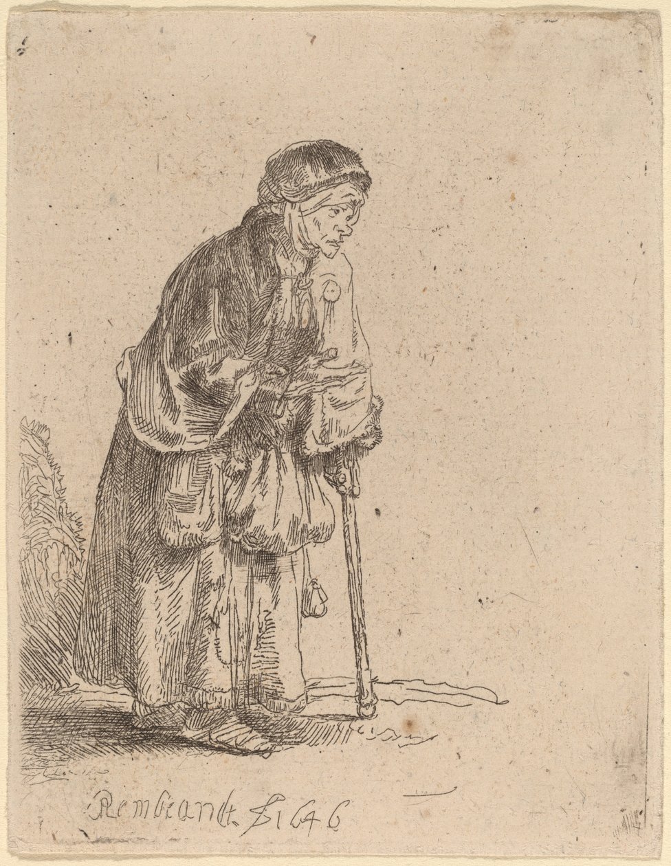 Mendicante donna appoggiata a un bastone da Rembrandt van Rijn