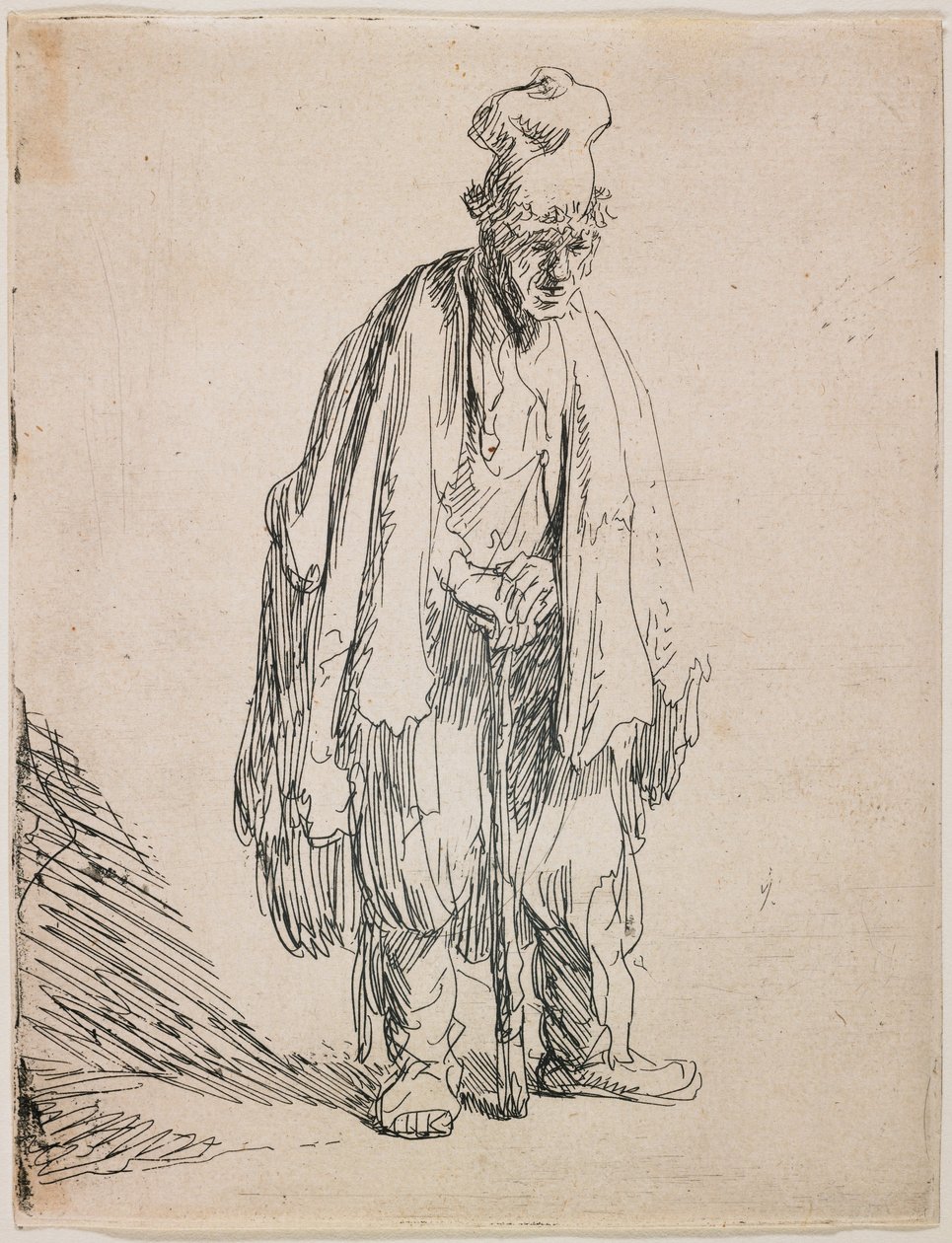 Mendicante con un berretto a tesa alta, appoggiato a un bastone da Rembrandt van Rijn