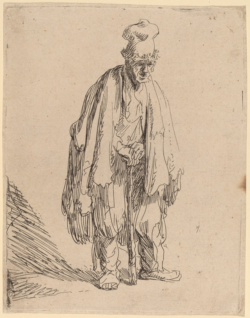 Mendicante con un cappello alto, in piedi e appoggiato a un bastone da Rembrandt van Rijn