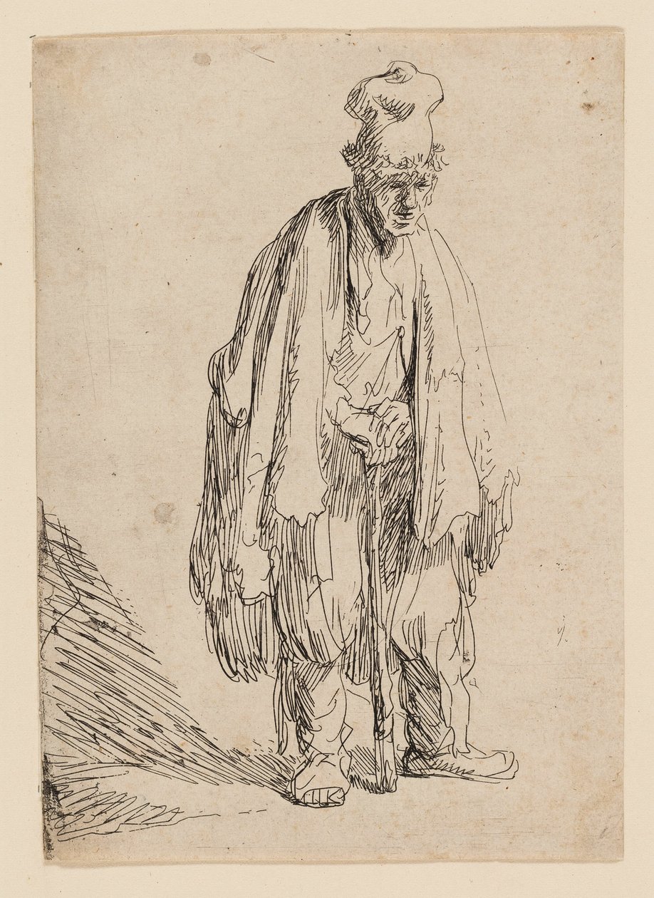 Mendicante con cappello alto, in piedi e appoggiato a un bastone da Rembrandt van Rijn