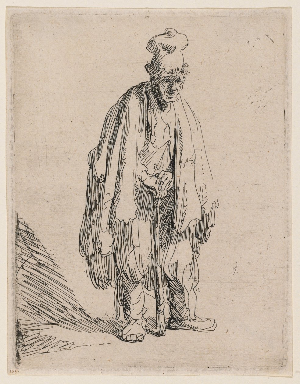 Mendicante con un berretto alto, in piedi e appoggiato a un bastone da Rembrandt van Rijn