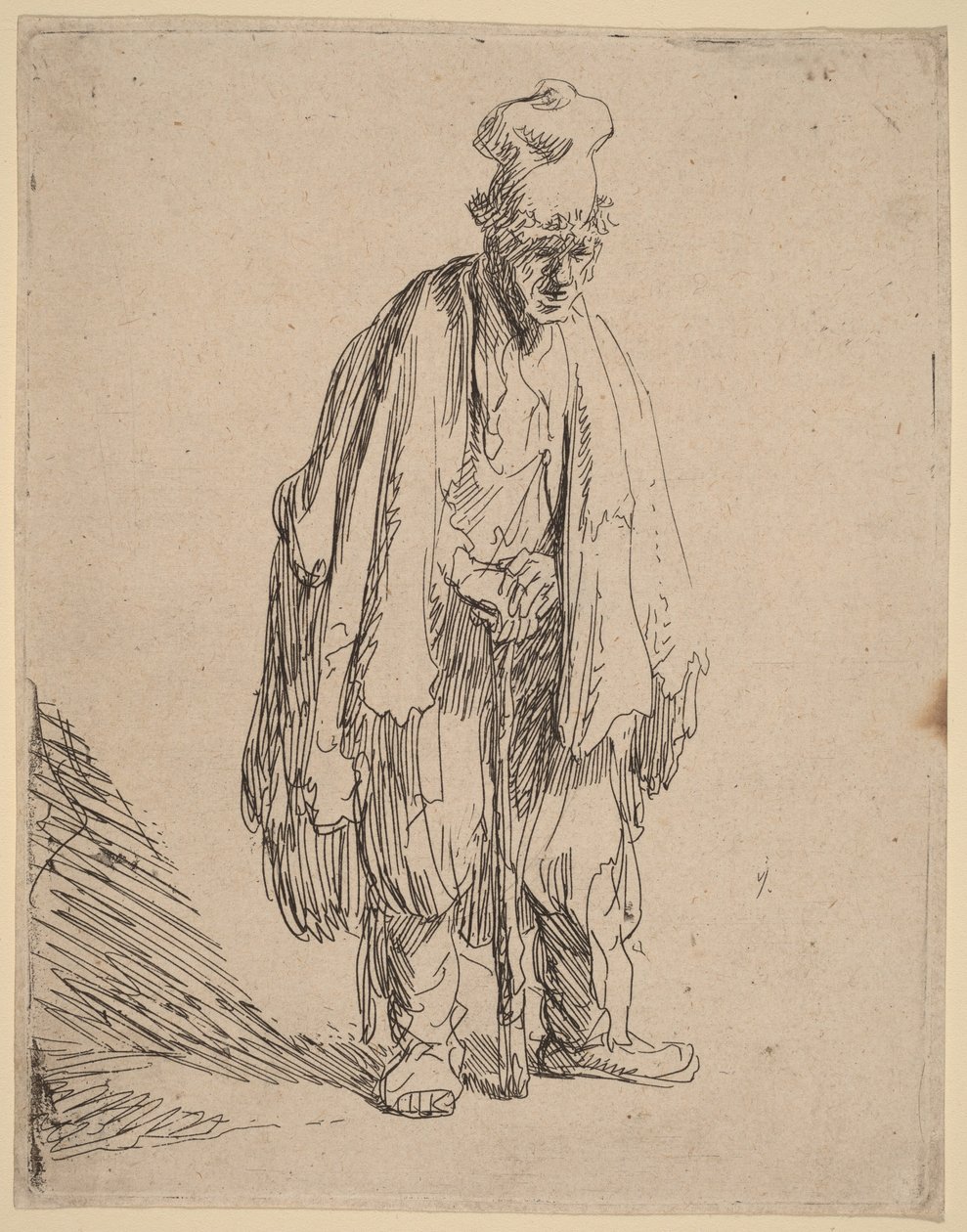Mendicante con un berretto a tesa alta, in piedi e appoggiato a un bastone da Rembrandt van Rijn