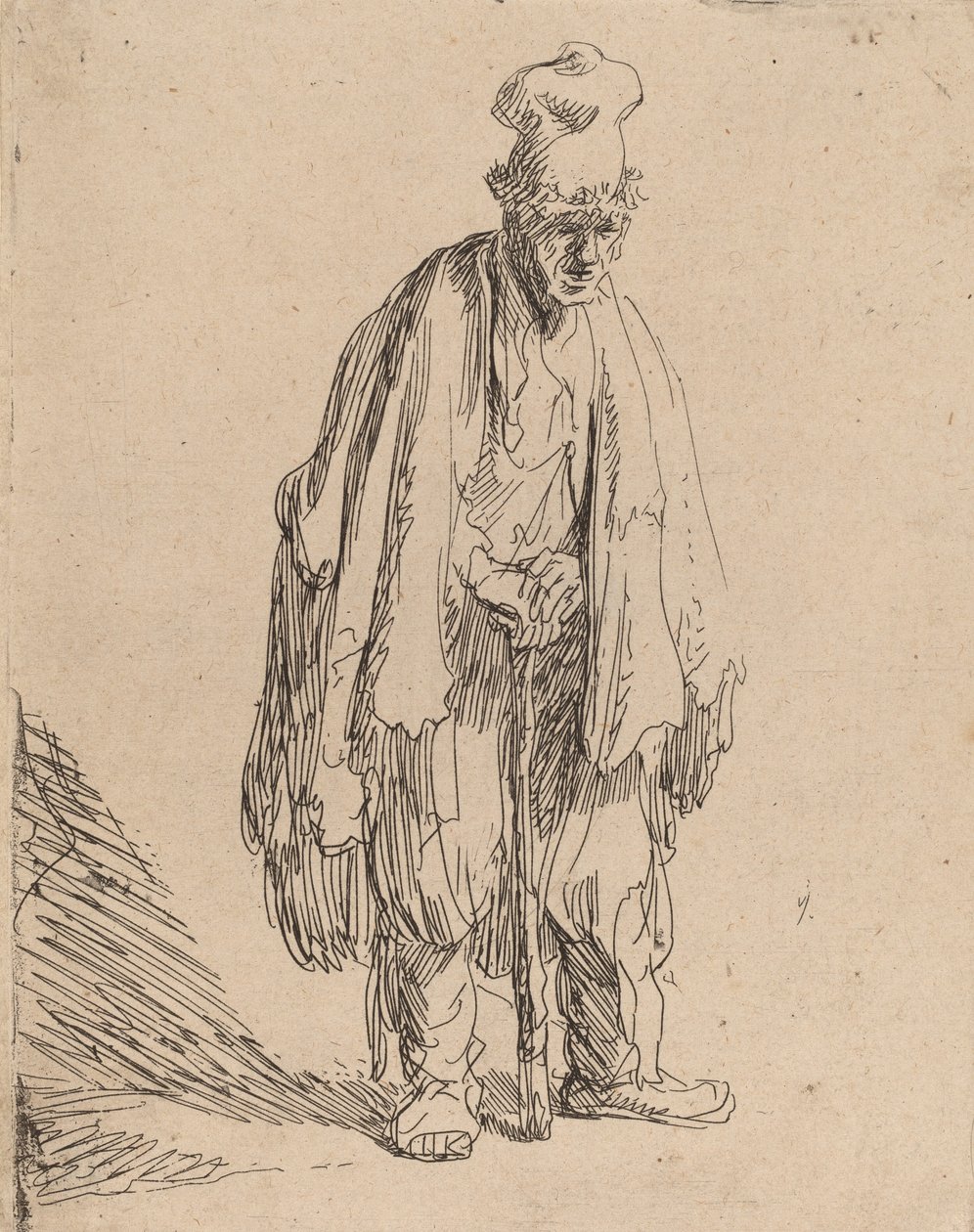 Mendicante con un cappello alto, in piedi e appoggiato a un bastone, c. 1630 da Rembrandt van Rijn