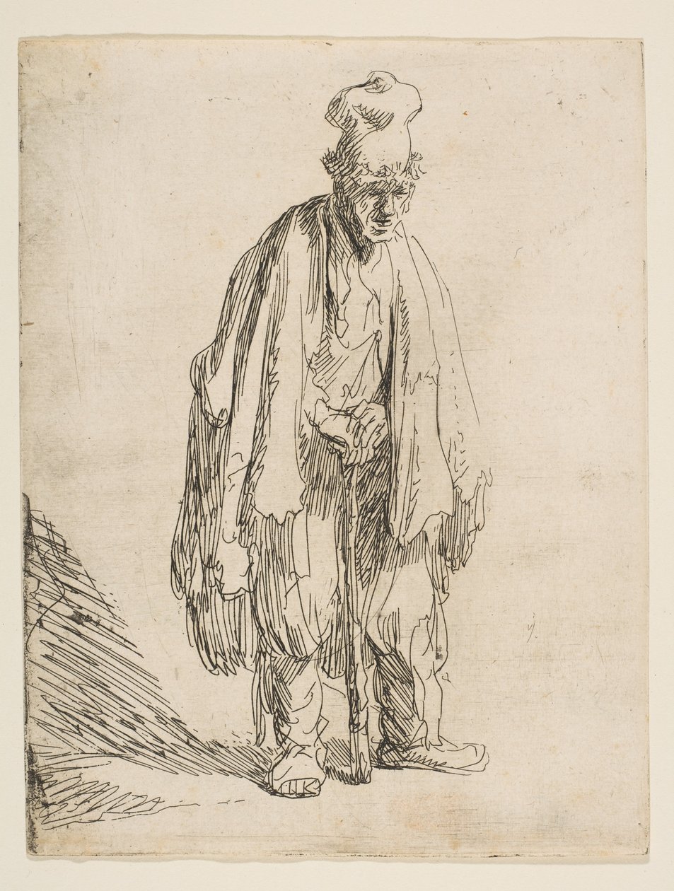 Mendicante con un Cappello Alto, in Piedi e Appoggiato a un Bastone, ca. 1629 da Rembrandt van Rijn