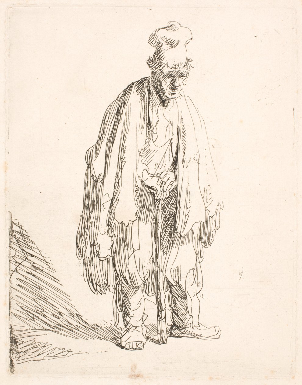 Mendicante con un berretto a tesa alta, in piedi e appoggiato a un bastone da Rembrandt van Rijn