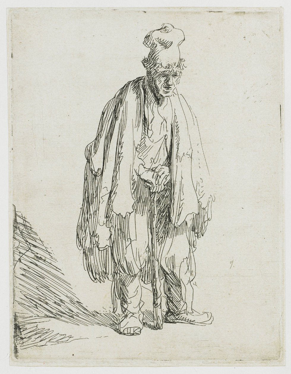 Mendicante con un berretto alto, in piedi e appoggiato a un bastone da Rembrandt van Rijn