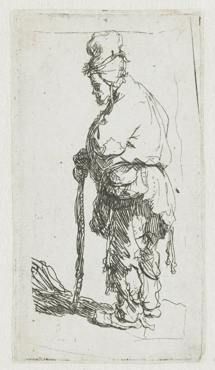Mendicante appoggiato a un bastone, rivolto verso sinistra da Rembrandt van Rijn