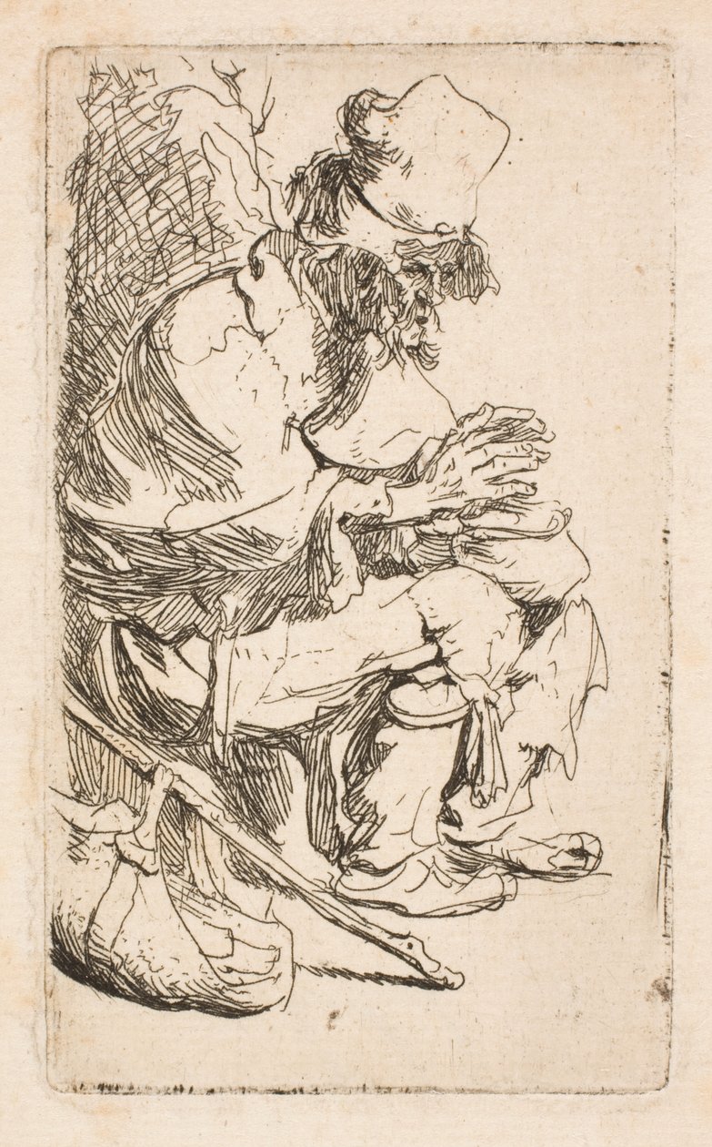 Un mendicante seduto che si scalda le mani davanti a uno scaldavivande da Rembrandt van Rijn