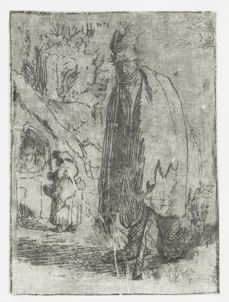 Mendicante con una casetta e due figure sullo sfondo da Rembrandt van Rijn