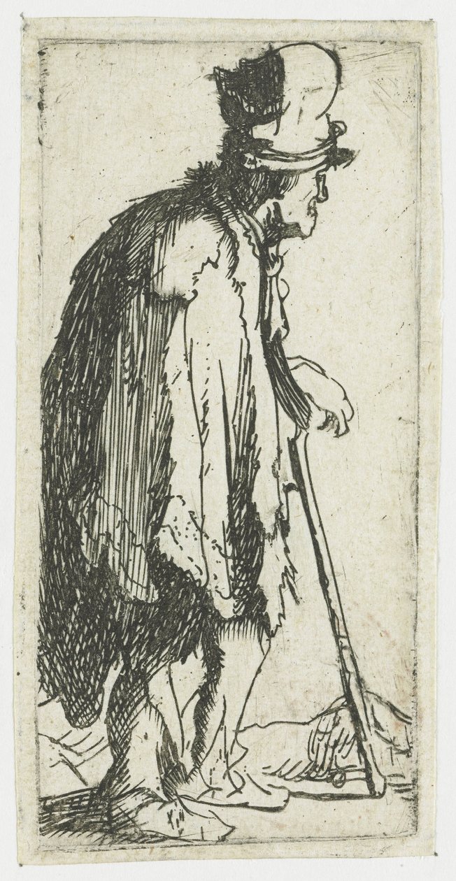 Mendicante con la mano chiusa a pugno, appoggiato a un bastone da Rembrandt van Rijn