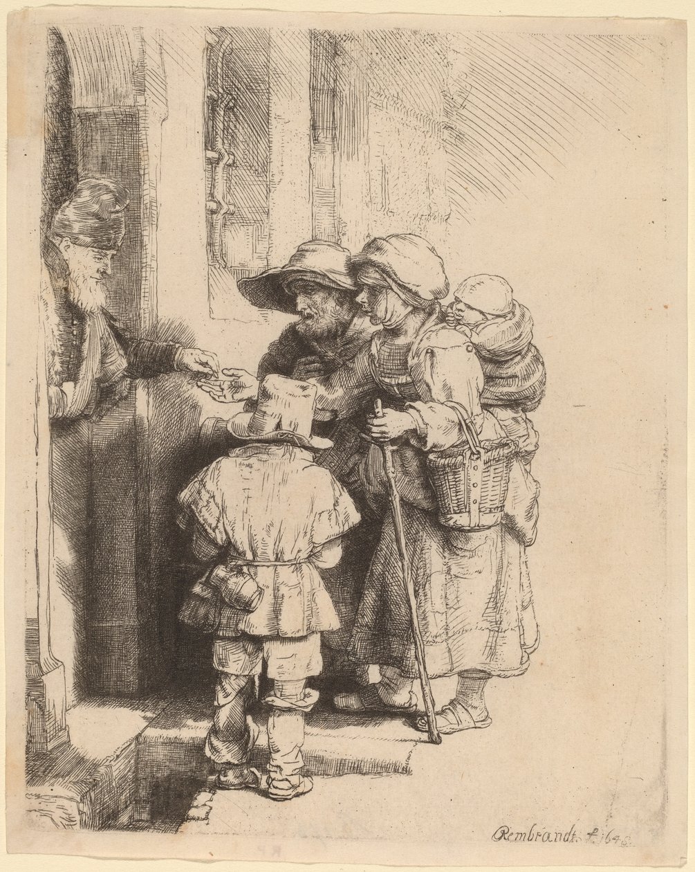 Mendicanti che ricevono elemosine alla porta di una casa da Rembrandt van Rijn