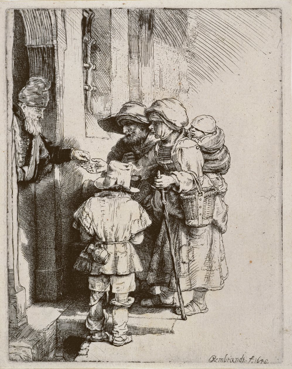 Mendicanti che ricevono elemosine alla porta di una casa, 1648 da Rembrandt van Rijn