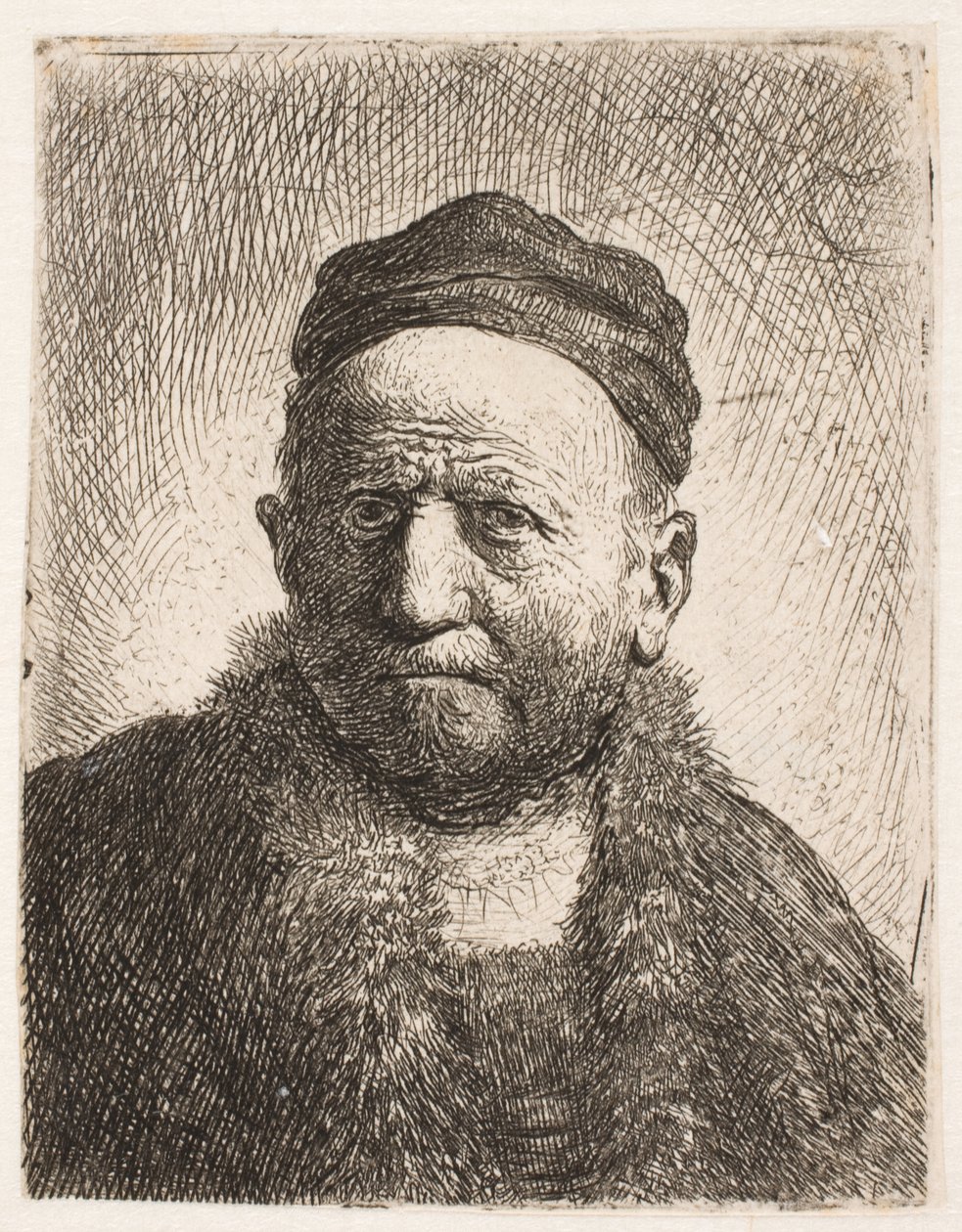 Busto di un uomo (il padre di Rembrandt) di fronte, con indosso un berretto aderente da Rembrandt van Rijn