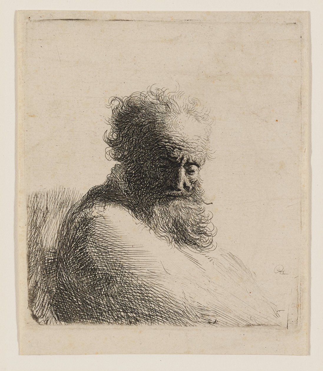 Busto di un anziano barbuto con lo sguardo rivolto verso il basso, di tre quarti a destra da Rembrandt van Rijn
