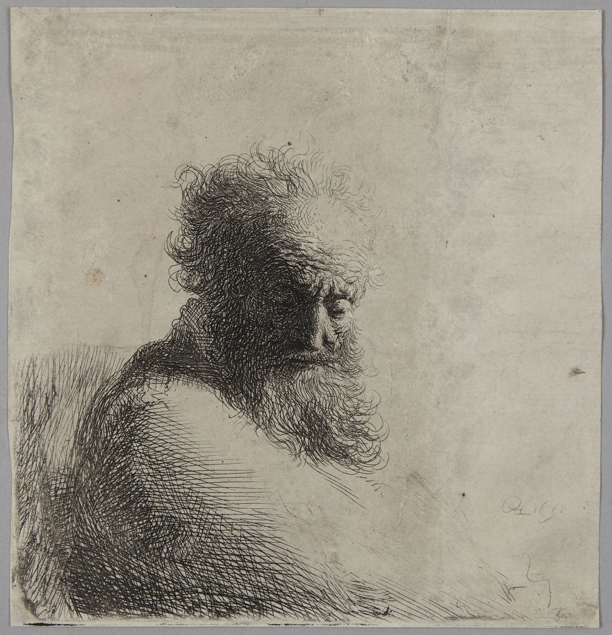 Busto di un anziano, con lo sguardo rivolto verso il basso, di tre quarti a destra da Rembrandt van Rijn