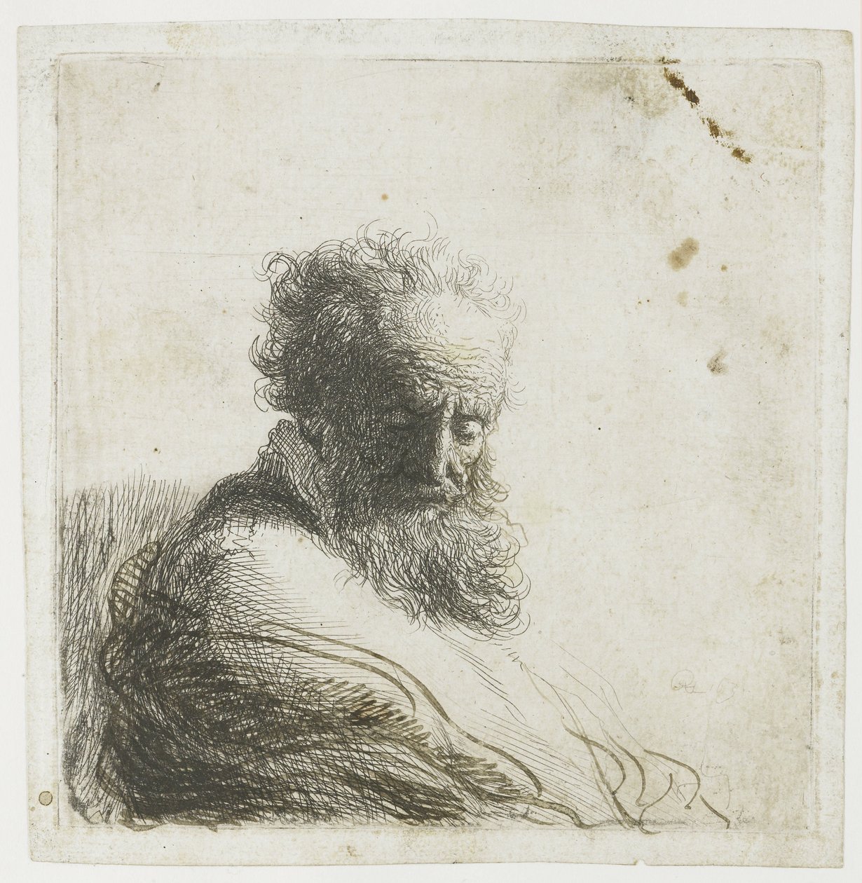 Busto di un vecchio barbuto, guardando in basso, tre quarti a destra da Rembrandt van Rijn
