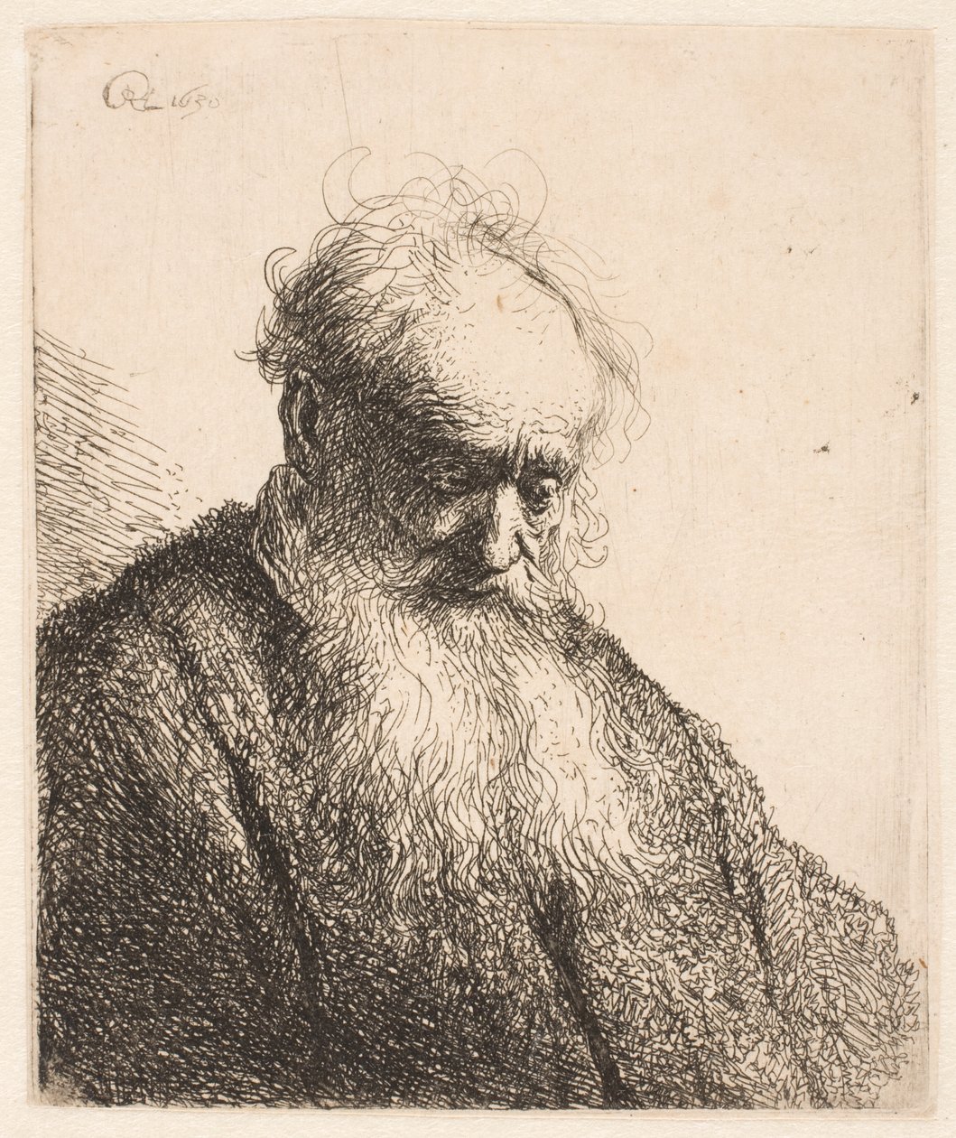 Busto di un anziano con barba fluente: la testa inclinata di tre quarti verso destra da Rembrandt van Rijn