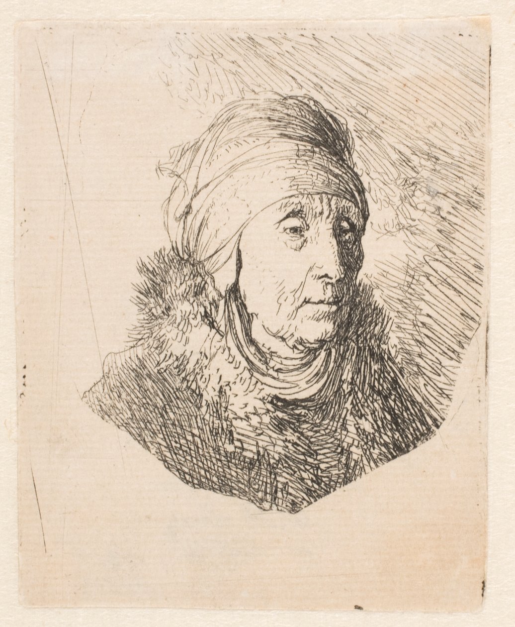 Busto di una donna anziana con un copricapo alto legato sotto il mento da Rembrandt van Rijn