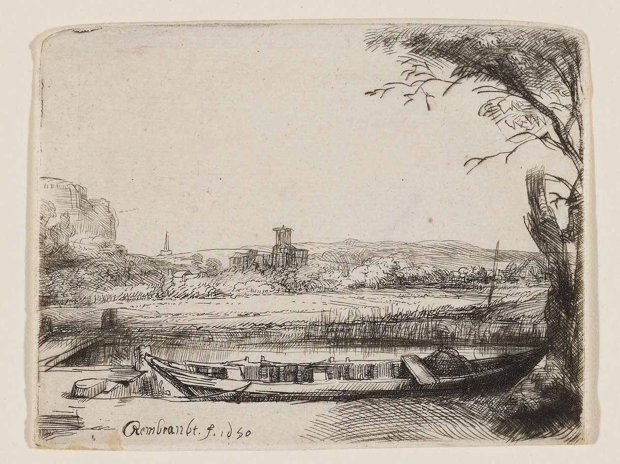 Canale con una grande imbarcazione e un ponte da Rembrandt van Rijn