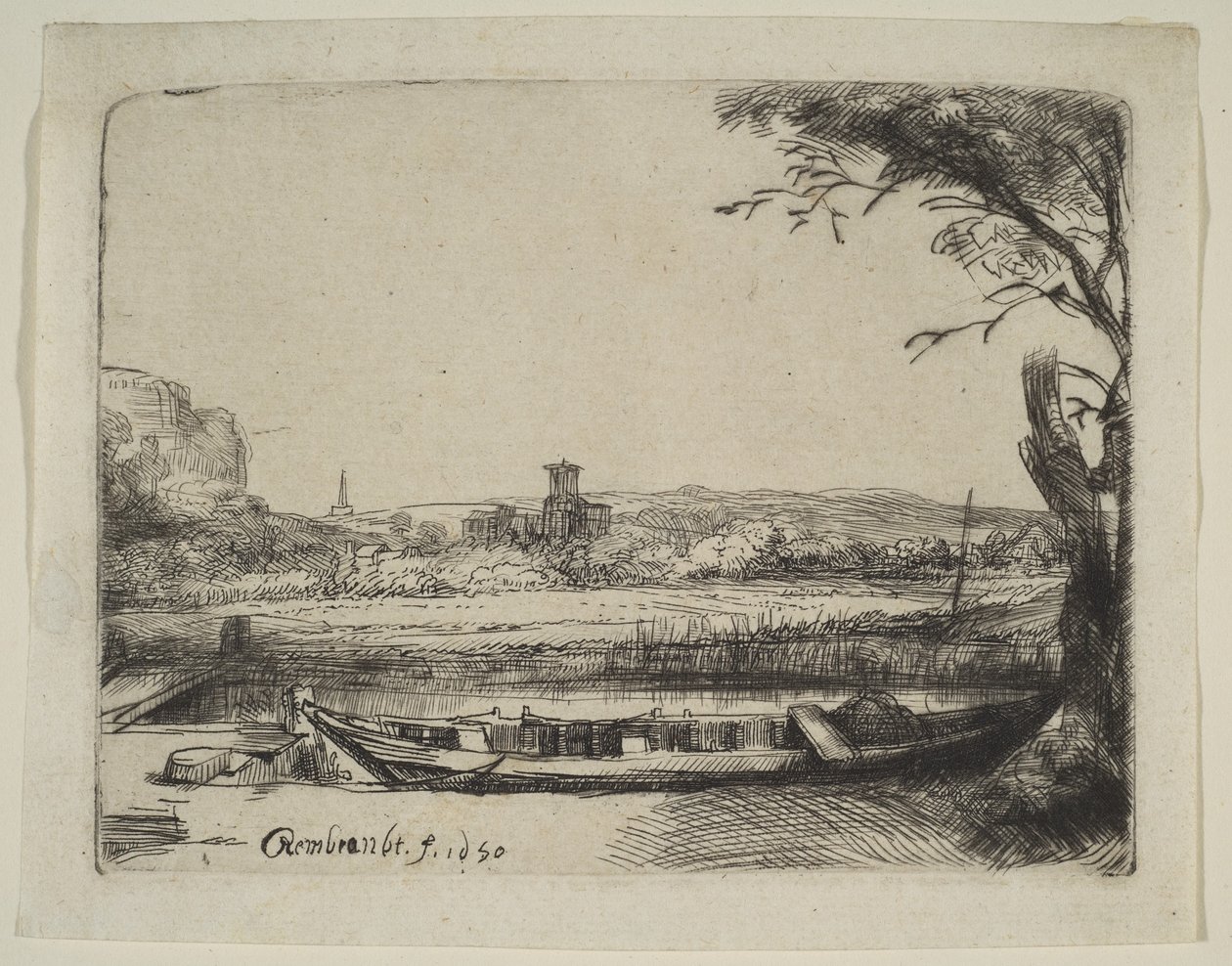 Canale con una grande barca e un ponte da Rembrandt van Rijn