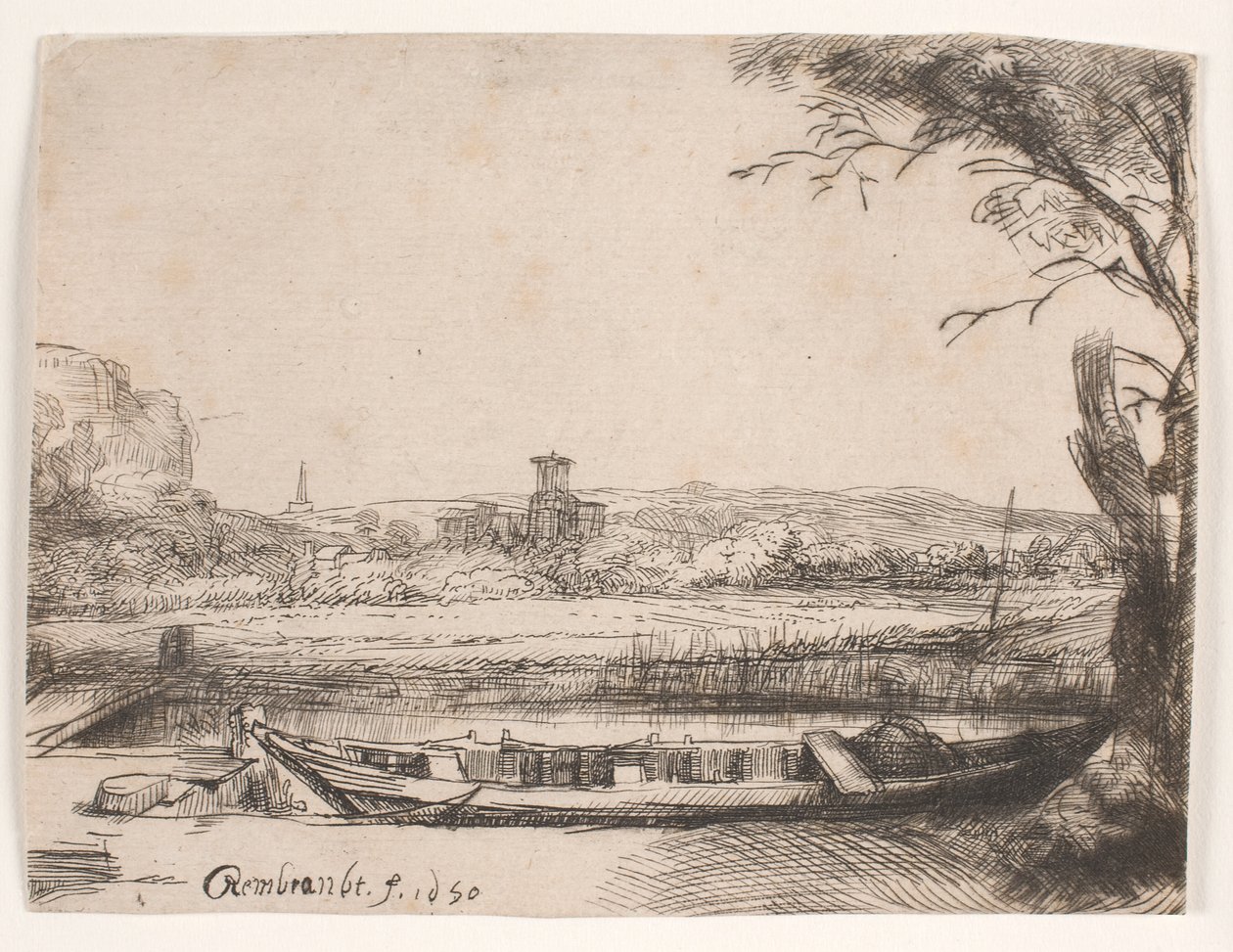Canale con una grande imbarcazione e un ponte da Rembrandt van Rijn