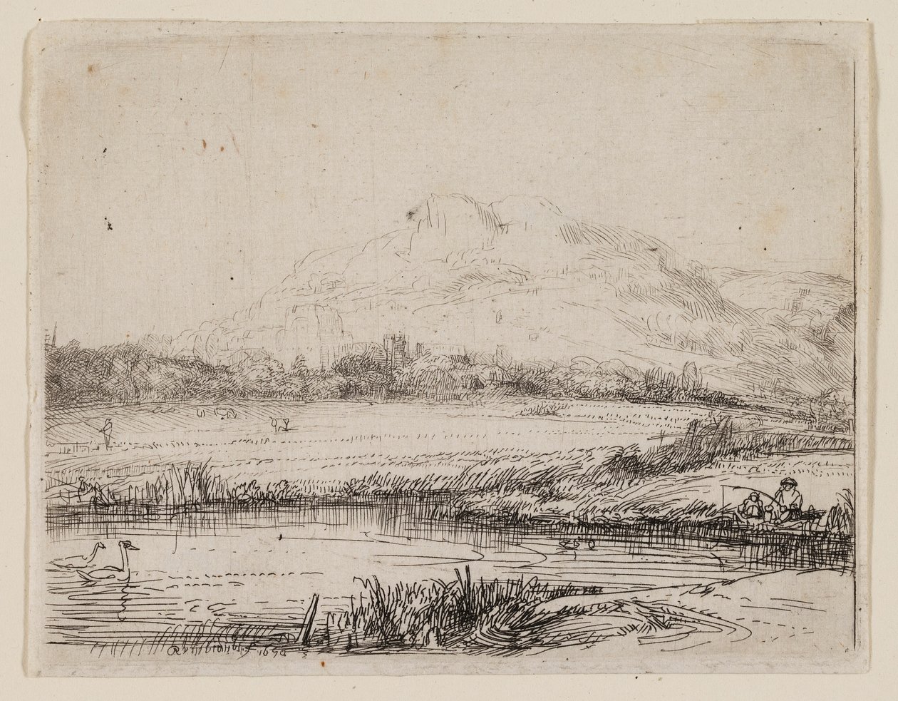 Canale con pescatore e due cigni da Rembrandt van Rijn