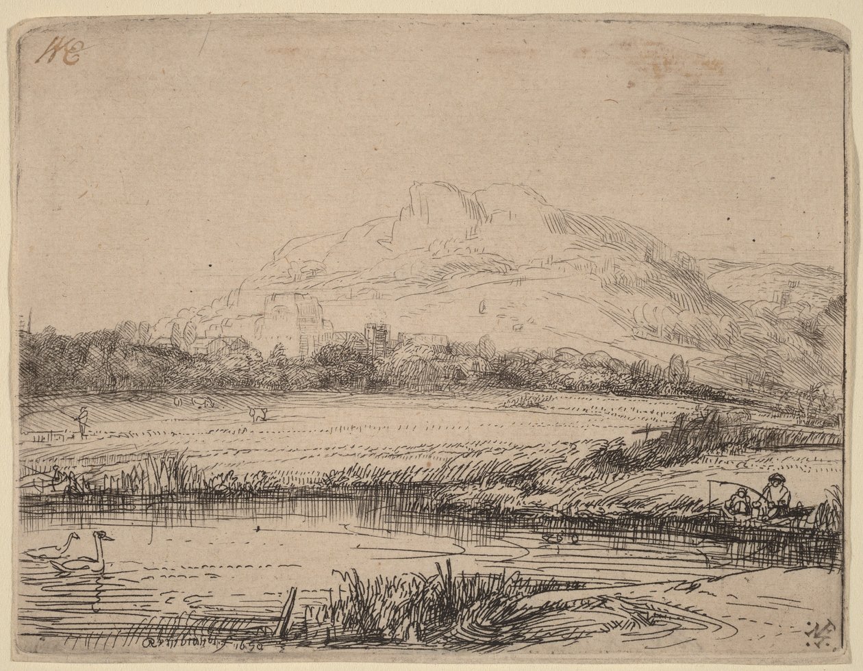Canale con un pescatore e due cigni da Rembrandt van Rijn
