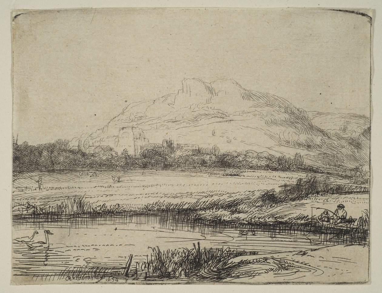 Canale con un pescatore e due cigni, 1650 da Rembrandt van Rijn