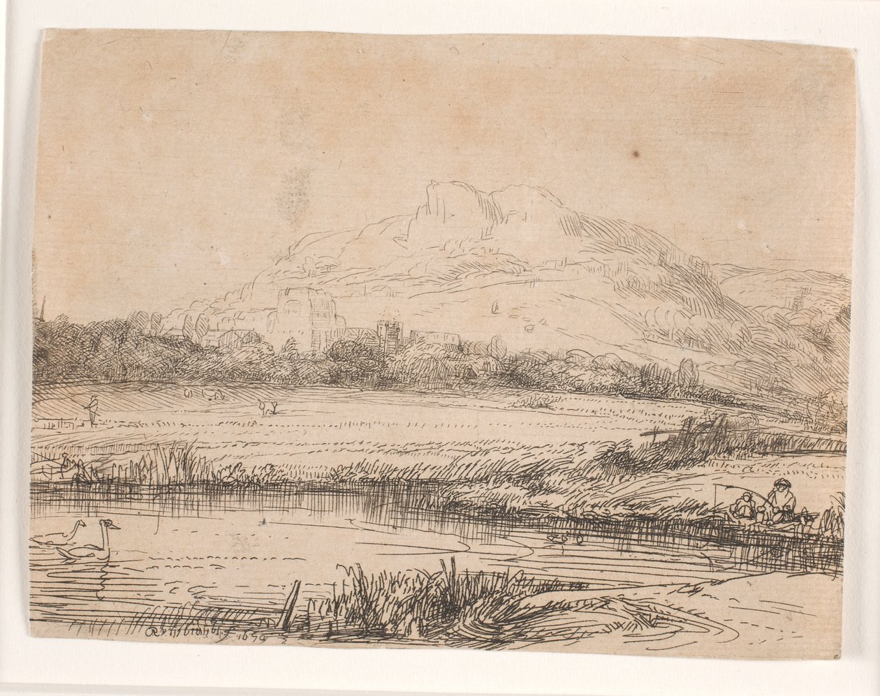 Canale con un pescatore e due cigni da Rembrandt van Rijn