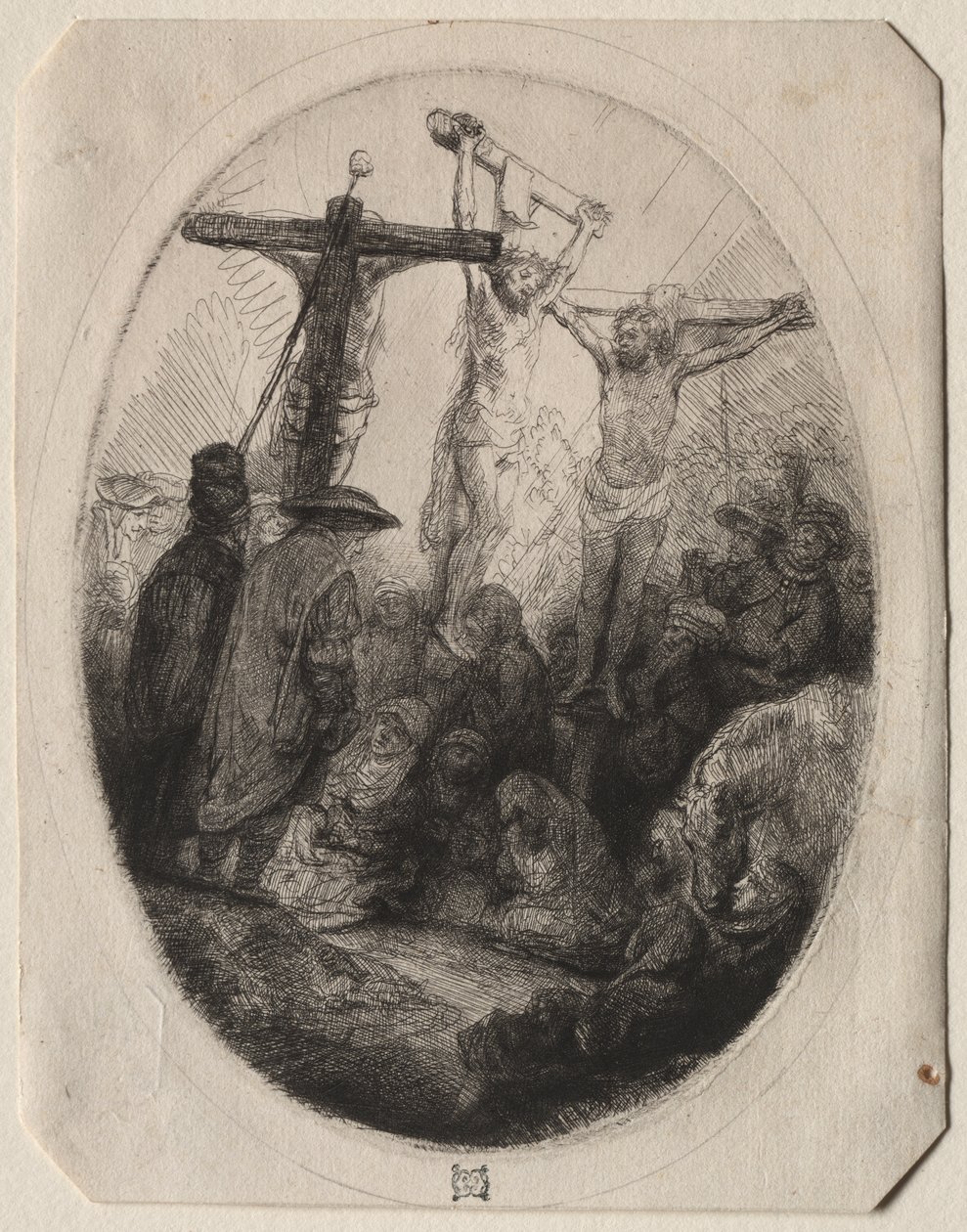 Cristo crocifisso tra due ladroni: un piatto ovale da Rembrandt van Rijn