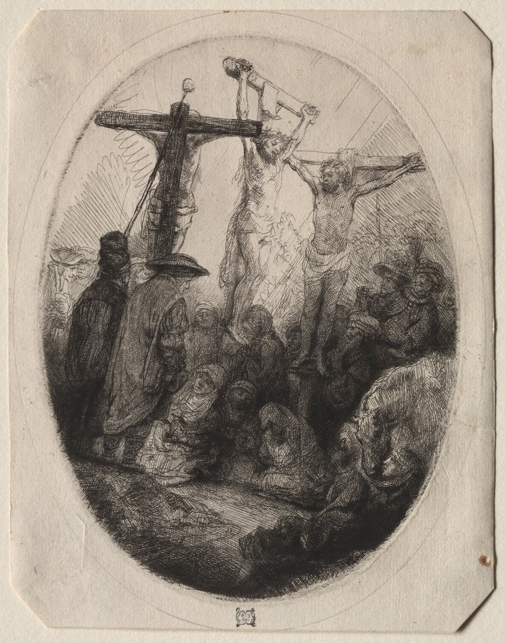Cristo crocifisso tra due ladroni: un piatto ovale, c. 1641 da Rembrandt van Rijn