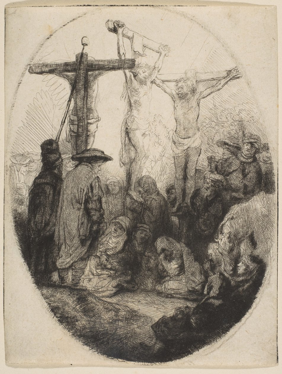 Cristo crocifisso tra due ladroni, piastra ovale, ca. 1641 da Rembrandt van Rijn